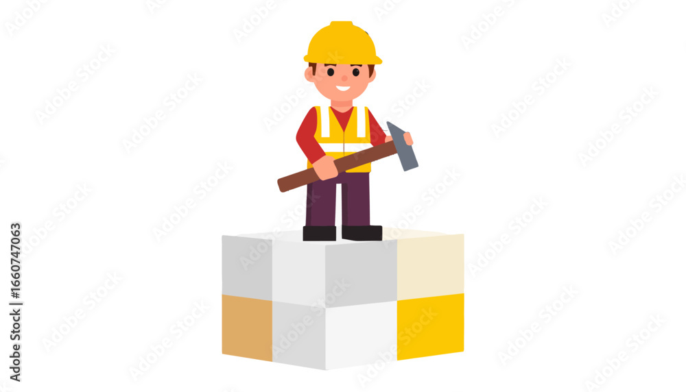 Naklejka premium Construction Worker on Cubes A Conceptual Illustration of Building and Growth