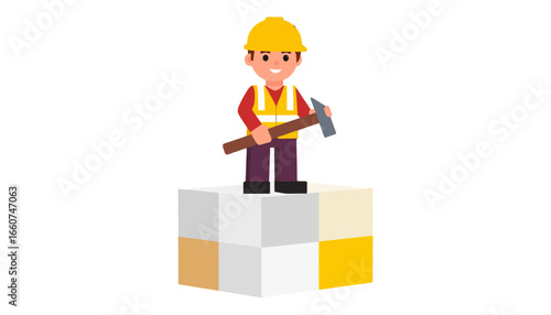 Construction Worker on Cubes A Conceptual Illustration of Building and Growth