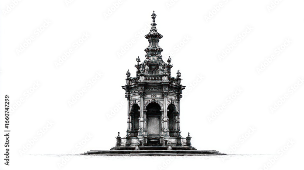 Obraz premium Ornate, stone monument with arches and detailed top against white backdrop