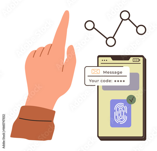 Hand interacting with phones secure verification code and fingerprint login system, representing online security and authentication. Ideal for cybersecurity, technology, communication, privacy