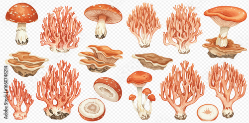 A diverse collection of wild forest mushrooms, including amanita and coral fungi, illustrated in a detailed watercolor style.