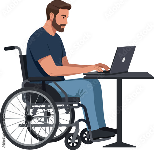 Man working on laptop in wheelchair at desk vector illustration for accessibility and remote work concepts 
