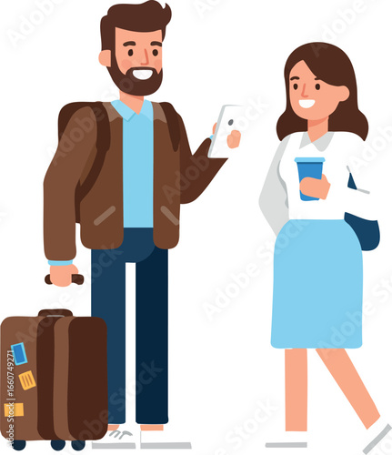 Young couple traveling with luggage and coffee in casual clothing vector illustration 
