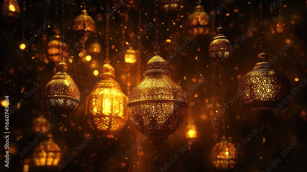Obraz premium Traditional Islamic lanterns glowing softly, creating a magical atmosphere with shimmering golden light 