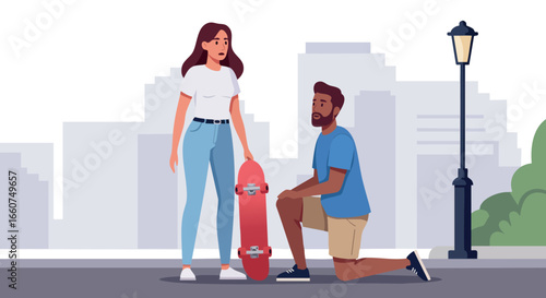 Young man proposing to woman with skateboard in urban park setting vector illustration 