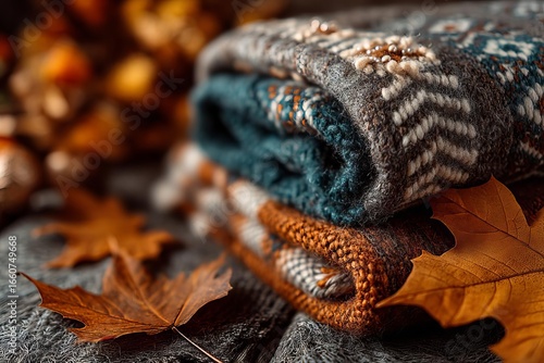 Fototapeta Naklejka Na Ścianę i Meble -  Cozy knitted sweaters and autumn leaves create warm comfort