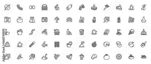 Italian food icon set. Vector illustration of culinary symbols including pizza, pasta, wine, espresso, gelato, olive oil, and more. Editable stroke.