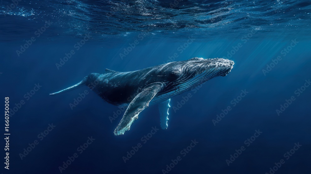 Fototapeta premium Majestic humpback whale glides underwater