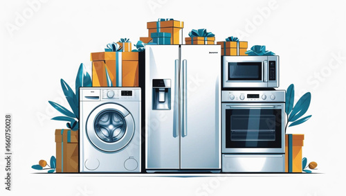 White washing machine refrigerator microwave and oven with gift boxes home appliance