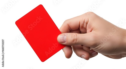 Human Hand Holding a Vibrant Red Blank Card, Isolated on White Background