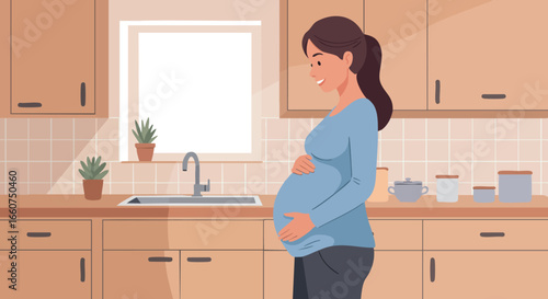 Pregnant woman standing in kitchen preparing for motherhood with calm expression vector illustration 