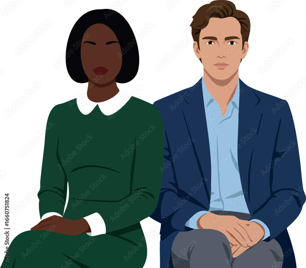 Fototapeta premium Diverse business man and woman sitting together in formal attire vector illustration 