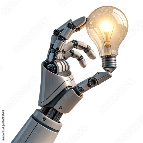 Innovative robot hand delicately holds glowing lightbulb symbolizing brilliant ideas and technological advancement in future concepts