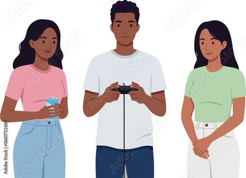 Group of diverse young adults playing video games and socializing in casual outfits vector illustration 