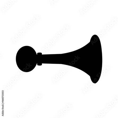 Black silhouette of a hand operated bulb horn against white background