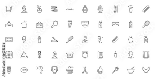 Barber shop icon set. Vector barbering and grooming essentials. Includes towel, razor, trimmer, scissors, chair, pole, comb, brush, shampoo, mirror and more. Editable stroke.