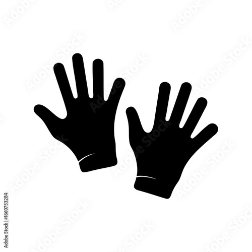 Black graphic showing a pair of protective gloves or stylized hands
