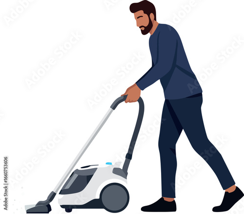 Man vacuuming floor in navy blue casual outfit cleaning home interior vector illustration 