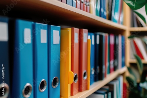 Colorful file folders neatly organized on a wooden shelf in an office setting, showcasing productivity