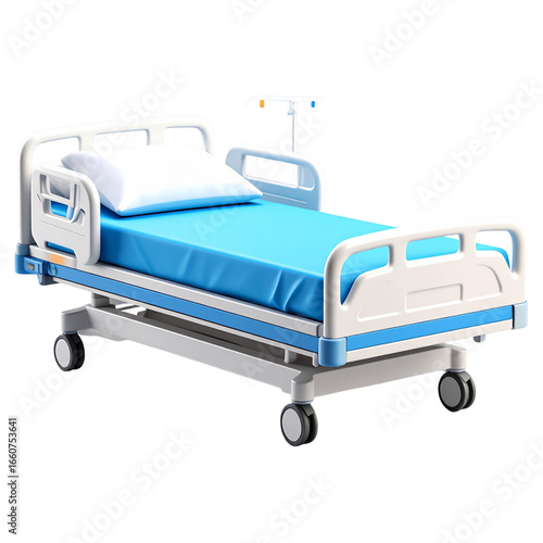 A clean, modern hospital bed with adjustable height and side rails, ready for a patient.