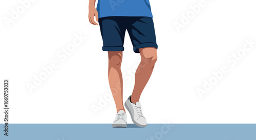 Male legs walking in casual blue shorts and white sneakers vector illustration 