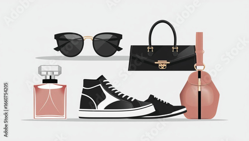 Black sunglasses perfume bottle black sneakers black handbag rose backpack fragrance scent
