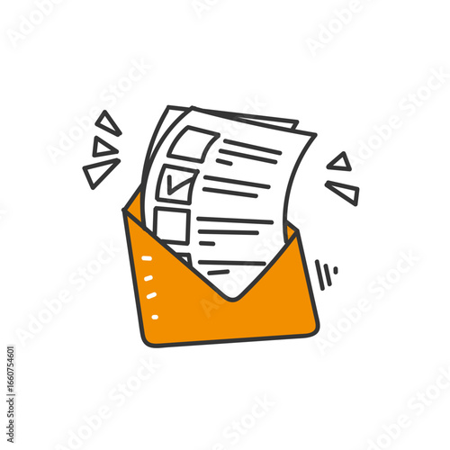 survey vote with mail envelope illustration in doodle hand drawing