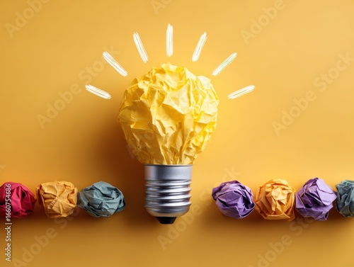 Conceptual idea, creative thinking shown lightbulb constructed paper, highlighting innovation. Colorful crumpled balls around create artistic composition. It suggests new, bright perspective,