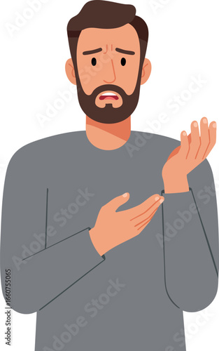 Man with wrist pain showing discomfort and concern in casual clothing vector illustration 