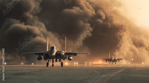 Fighter jets amidst smoke