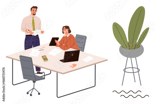 Two colleagues working together at a desk with papers, laptop, tablet, and phone. A potted plant adds decor. Ideal for teamwork, office work, productivity, collaboration project planning modern