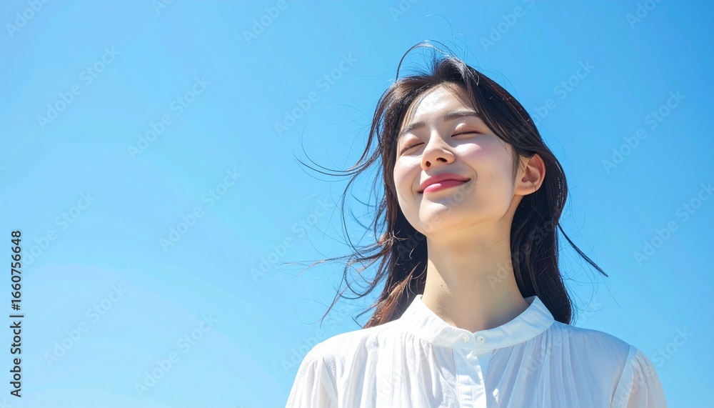 快晴の中で髪を風になびかせた若い日本人女性,A young Japanese woman with her hair blowing in the wind under a clear blue sky. 快晴の中で髪を風になびかせた若い日本人女性,A young Japanese woman with her hair blowing in the wind under a clear blue sky.