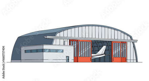 Architectural Rendering Depicting Airplane Hangar with Aircraft Inside, Modern Design, Detailed Structure