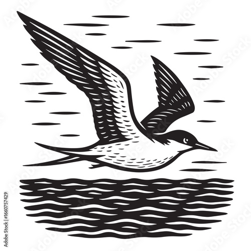 Arctic Tern Over Stylized Waves in Linocut Woodcut Print Style