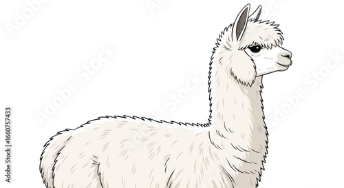 Delicate depiction of a calm white alpaca, detailed vector illustration in side profile and minimalist white backdrop providing focus on the animal