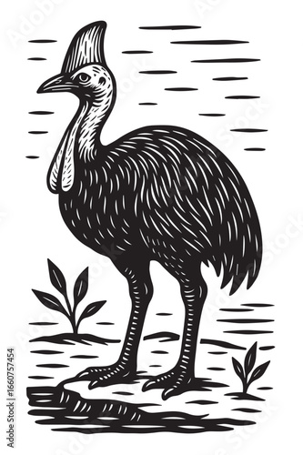 Cassowary in Linocut Woodcut Print Style