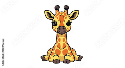 Enchanting baby giraffe illustration sitting with big cartoonish eyes ideal for children's educational resources and playful decorations