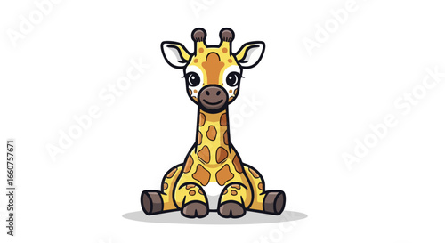 Cute Animated Giraffe with Big Eyes Seated on the Ground and Isolated on a Clean Background Illustration, Perfect for Kids, 50 characters minimum,