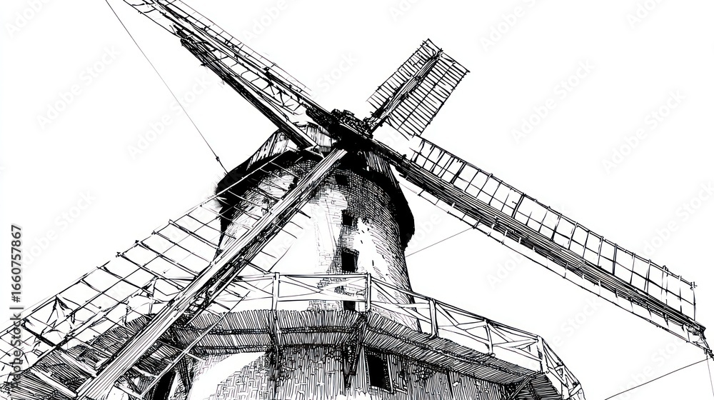 Obraz premium Detailed pen drawing of a windmill with large blades against a white sky