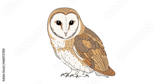 Elegant barn owl illustration with detailed feathering and captivating facial features in a minimalistic style against a pristine white backdrop