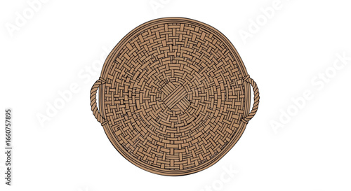 Handwoven round rattan tray with braided handles displays intricate texture and craftsmanship demonstrating detailed construction using natural
