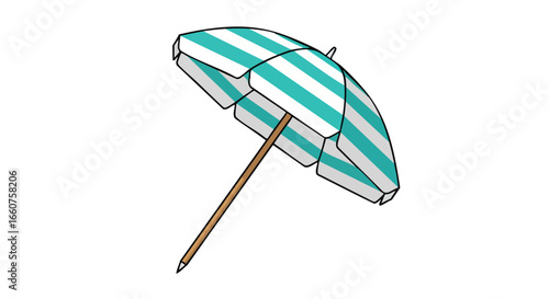 Delightful beach umbrella with teal and white stripes evoking breezy coastal charm and summer relaxation on pristine sandy beaches perfect for