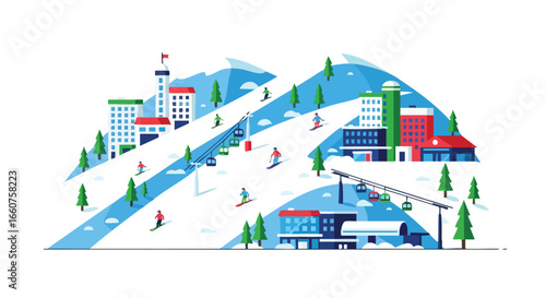 Flat design vector illustration of a vibrant ski resort with modern buildings and skiers enjoying the slopes during a beautiful winter day