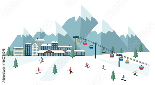 Serene Ski Resort Scene with Stylized Mountains, Gondolas, and Downhill Skiers Painting a Winter Wonderland Narrative