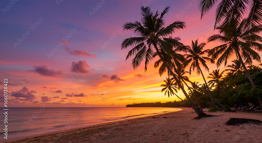 Fototapeta premium Beautiful tropical beach landscape with palm trees and sunset sky — summer paradise vacation background