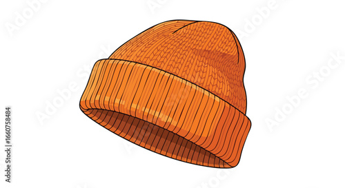 Vibrant Orange Knitted Beanie Cap with Ribbed Cuff Illustration - Warmth and Style Apparel, Winter accessory isolated artwork