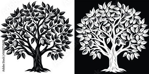 Striking black and white tree illustration with detailed leaves and branches, evoking growth and nature's beauty