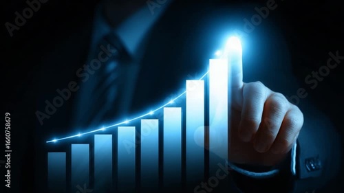Projected growth chart, hand touching upward trend