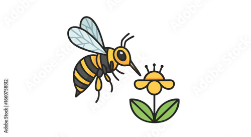 Delightful illustration depicting a bee with yellow and black stripes approaching a vibrant yellow flower with graceful leaves