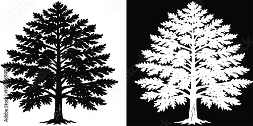 Bold silhouette of a mature oak tree, stark black on white and inverted white on black, symbolizing nature's enduring strength.